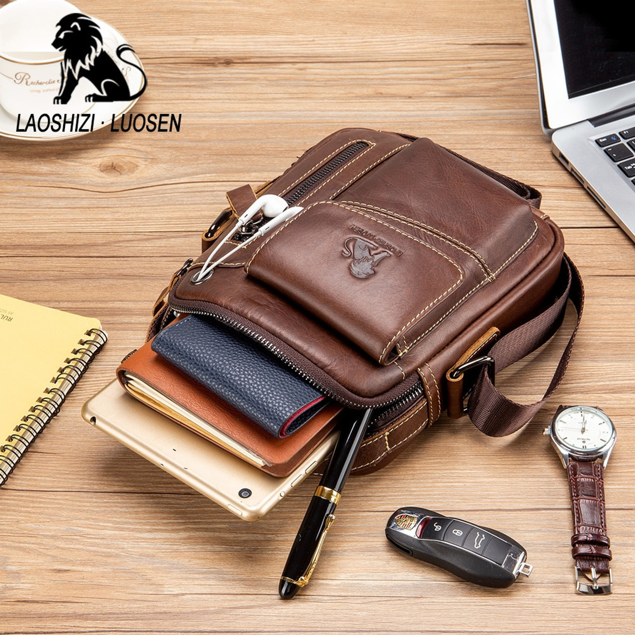 Mens Three Pocket Luxury Small Leather Flight Bag Tan : 4551 | Mens Leather  Bags